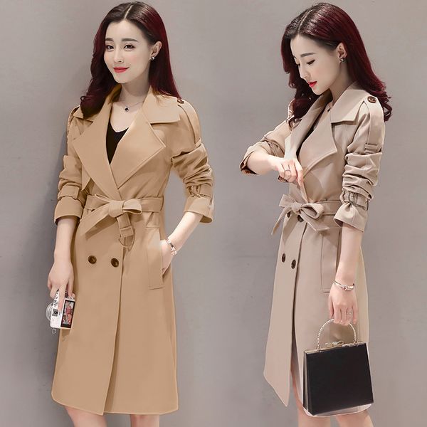 

плюс размер женщины ветровка 2019 весна осень мода сплошной цвет пальто женский сращивания длинные пальто тонкий дамы верхняя одежда, Tan;black