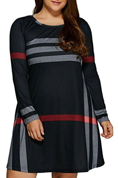 

pink queen women's plaid printed plus size dress casual t shirt, Black;gray