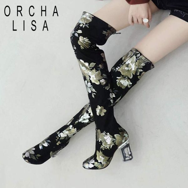 

orcha lisa brand over the knee boots women floral style autumn winter thigh high boots clear heel shoes woman botas botte, Black