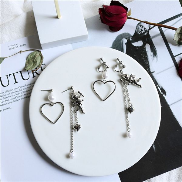 

vintage baroque love god stereo cupid angel love long pendant asymmetric earrings, Silver