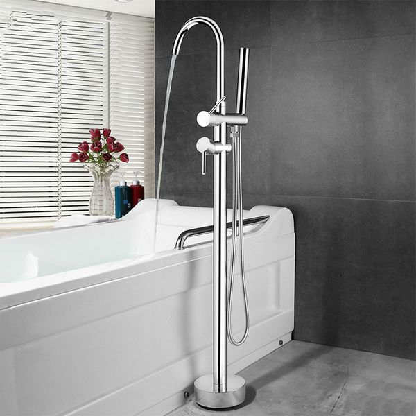 

Floor Mounted Stand Bathrroom Bathtub Faucet Brass High Quality Chromed Double Handle Bath Water Mixer With Hand shower Head