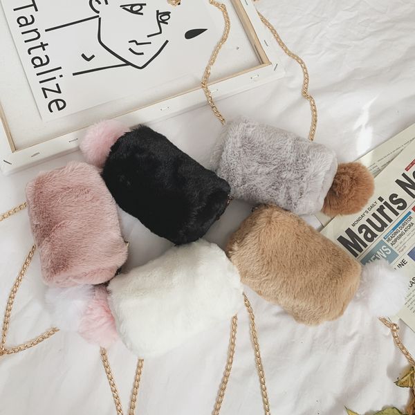 

raged sheep solid color children's plush single shoulder bags crossbody fashion fur girls accessories cylinder bag kids purses, White