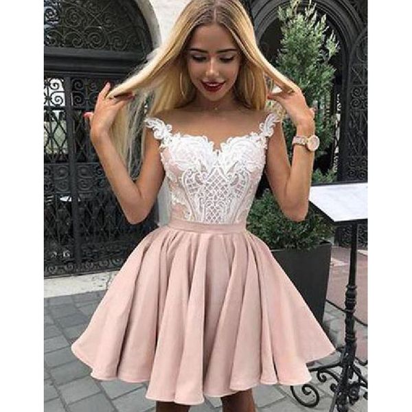 

2019 sheer neck short a line homecoming dresses with white lace 8th grade juniors cocktail dress party gowns graduation dresses, Blue;pink