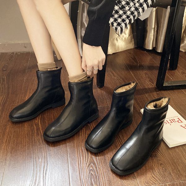 

woman flat boots women shoes autumn booties ladies winter footwear boots-women round toe plush lace up luxury designer low rock, Black