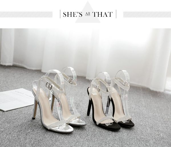 

brand fashion designer deleventh women's versatile sandals new fish mouth water drill stiletto heels 35-40 shoes, Black