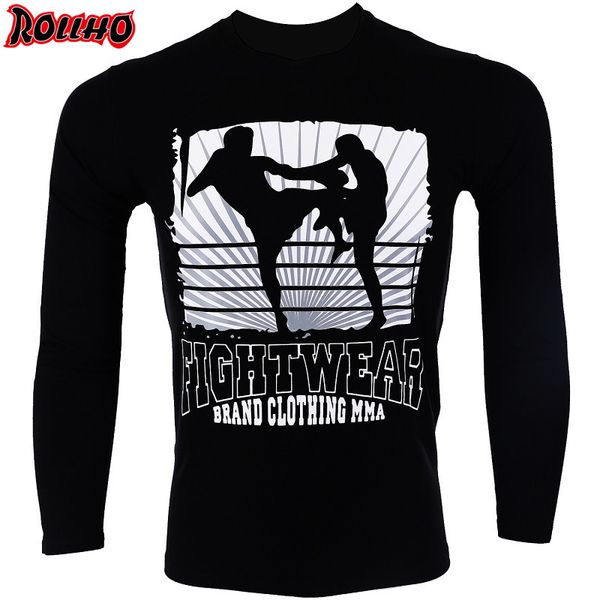 

rollho men's boxing rash guard sublimated printed long-sleeved boxing shirts fitness breathable quick dry bjj fightwear, Black;red