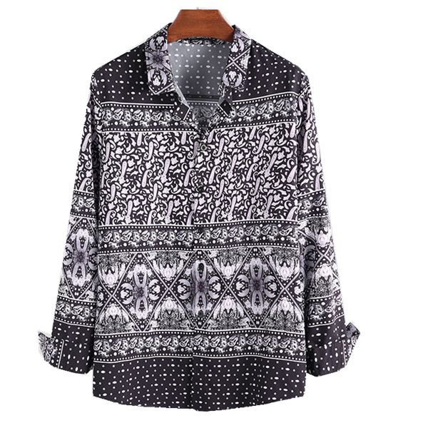 

printed shirt men lapel collar vintage long sleeve blouse high street button mens brand casual shirts, White;black