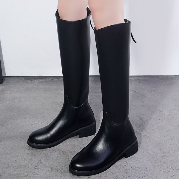 

back zipper boots women casual round toe long tube bare boots fashion solid color square heel long knight botas mujer, Black