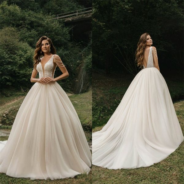 

2020 mistrelli boho mermaid wedding dresses v-neck sleeveless sequins appliqued beading bridal gown sweep train robes de mariÃ©e cheap, White