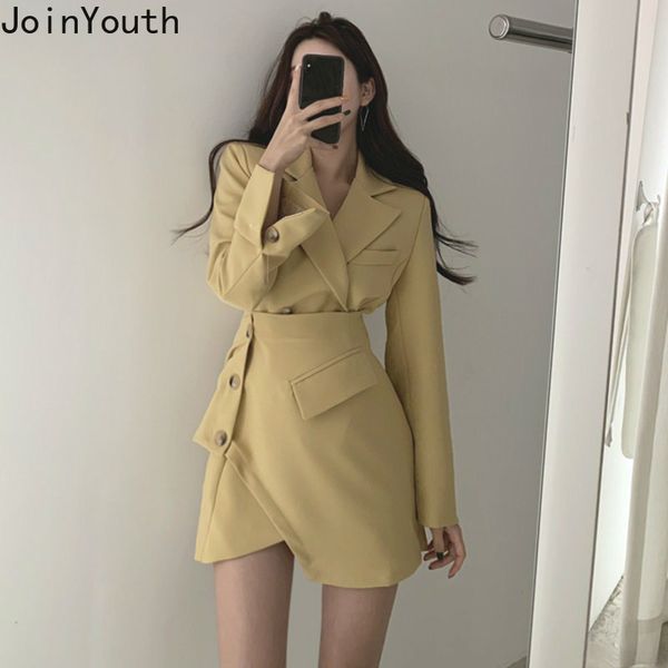 

joinyouth korean vintage women suits elegant short blazer coat + side buttons irrefular high waist skirt fashion solid set 59379, White