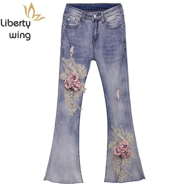 

вышивка цветок расклешенные для женщин новые кисточки slim fit джинсовые брюки женские промытые молнии синие джинсы брюки девушка, Blue