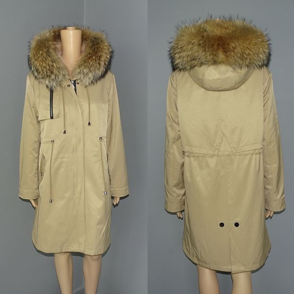 

80/90/110 cm long real lining fur coat parkas winter jacket coat women parka nature brown raccoon fur collar khaki outer, Black