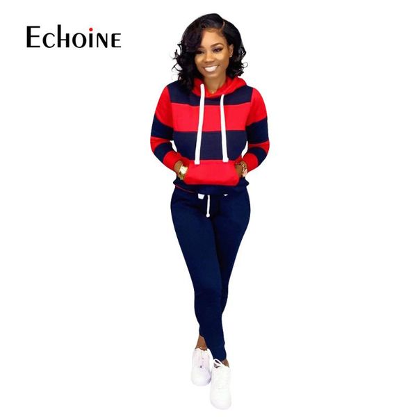 

quality stripe tracksuit women two piece club outfits set 2020 long sleeve hooded sweatshirt with pocket pants 2 piece set, White