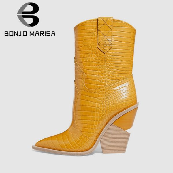 

bonjomarisa spring brand luxury runway women mid-calf boots ladies plus size 34-48 microfiber fashion high heels shoes woman, Black