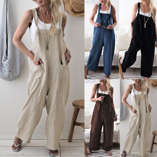 

cotton solid jumpsuits women casual loose strap front pockets long playsuit daily comfortable wide legs overalls macacao#ss, Black;white