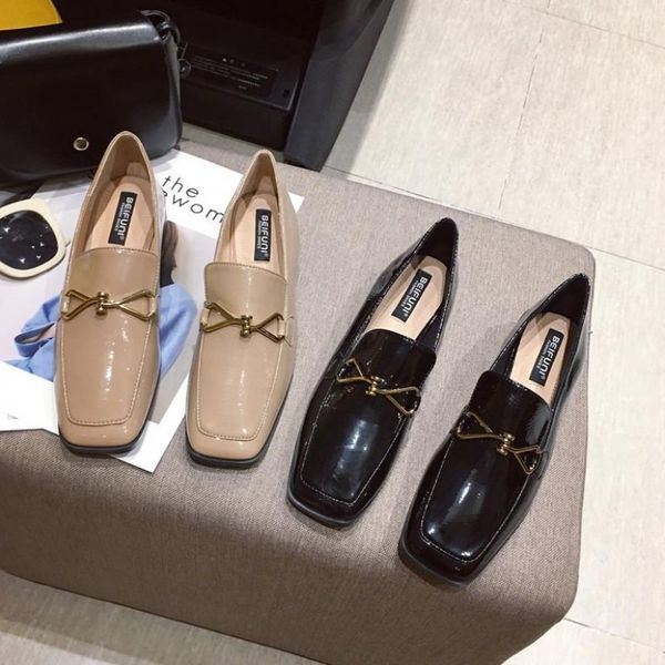 

2019 women shoes metal chain square toe oxfords women's british style casual female sneakers dress new retro buckle leather, Black