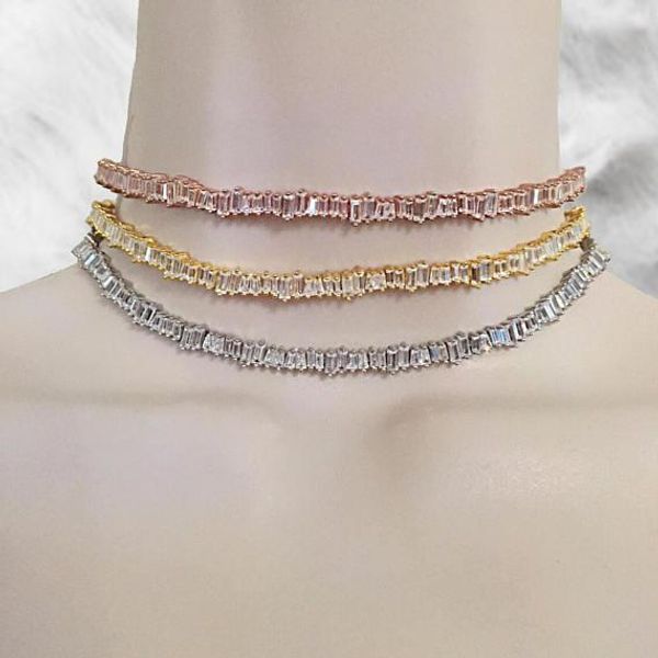 

baguette cubic zirconia tennis chain choker wedding engagement bridal jewelry sparking bling short choker necklace j190530, Silver