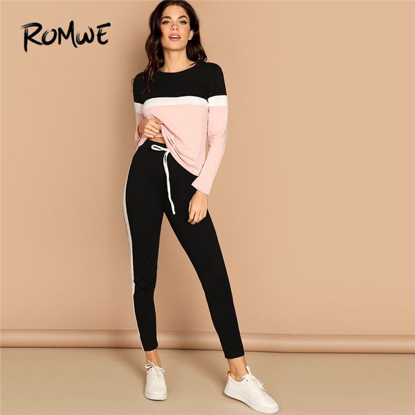 

romwe sport colorblock jogging suits for women drawstring waist side panel pants two piece set 2019 autumn workout sportswear, Black;blue