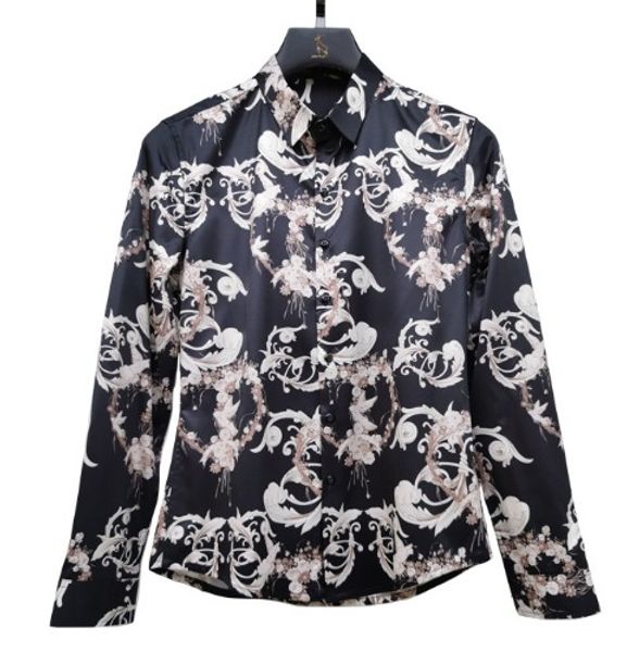 

men's slim fit flower printing fashion floral shirts men long sleeve men casual shirt black white, White;black