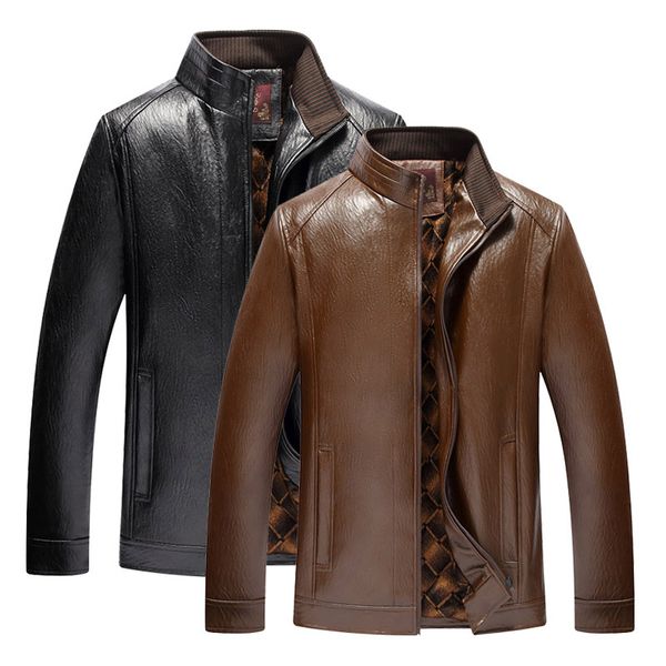 

woods bird middle-aged men stand collar leather jacket coat spring and autumn wandering peddler, Black
