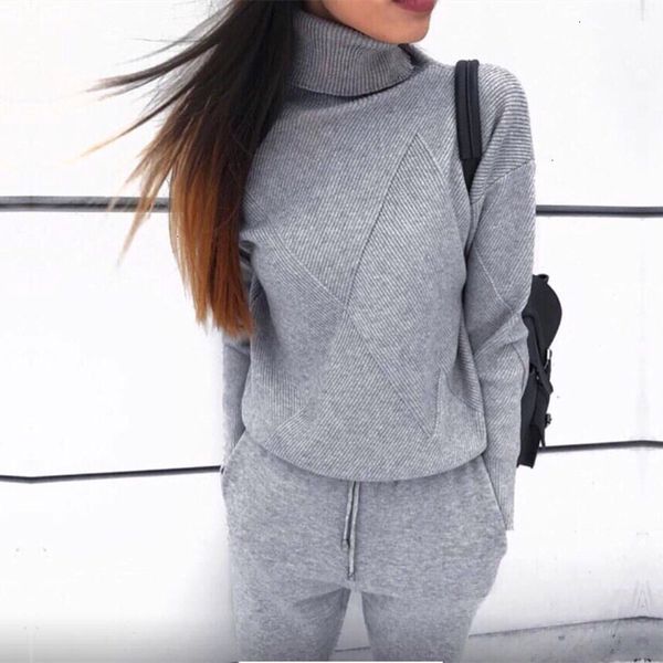 

autumn winter knitted tracksuit turtleneck sweatshirts casual suit women clothing 2 piece set knit pant sporting suit, White