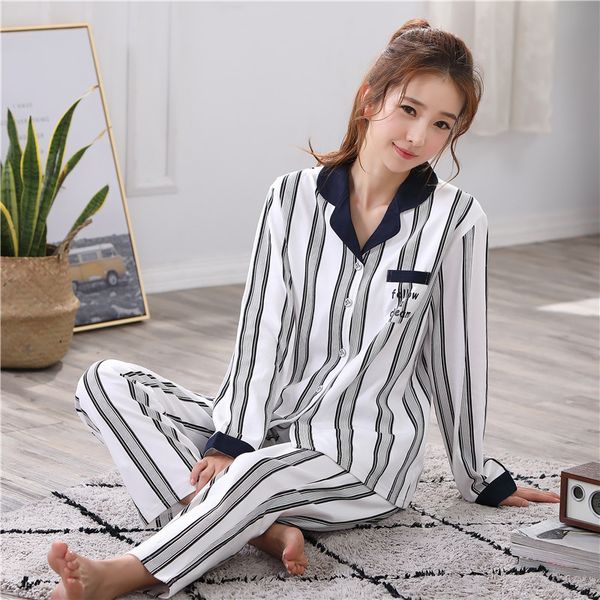 

ms long-sleeved cotton striped pajamas spring, Blue;gray