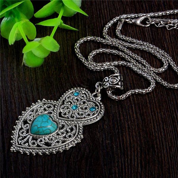 

double heart green turquoise stone pendant necklace tibetan silver women's crystal fashion necklace jewelry ing