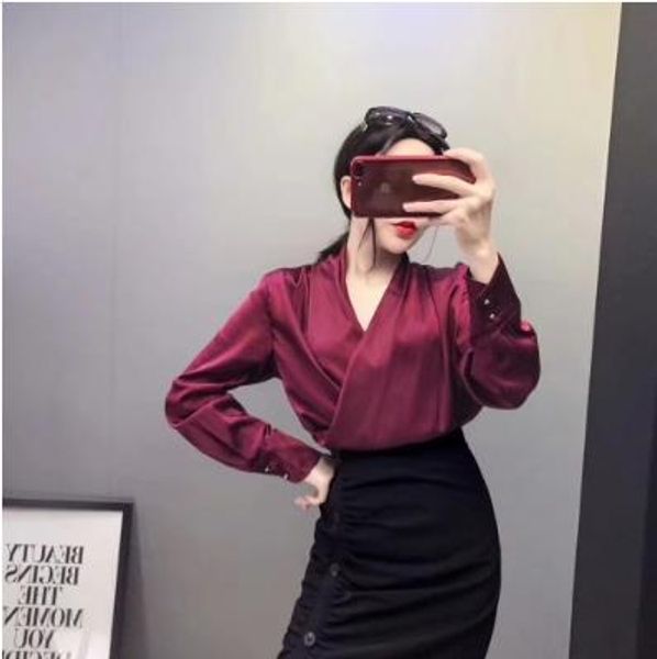 

deep v-neck women shirt pure color autumn summer autumn female long sleeve elegant office lady blouse lj415, White