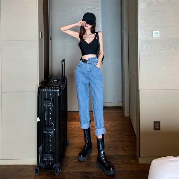 

2020 корейский стиль нового стиля с кожаной пряжкой тонкой высокой талией прохладной чистой red design sense девять брюки харлан джинсы женщ, Black