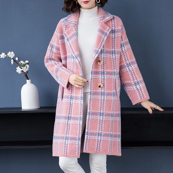 

brand thicken long coat fall winter women coat new hit color plaid turn-down collar single breasted loose female, Black
