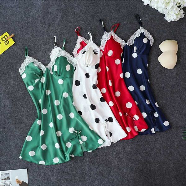 

home service nightdress female summer temptation sling lace edge night dress polka dot pattern simple and stylish nuisette, Black;red