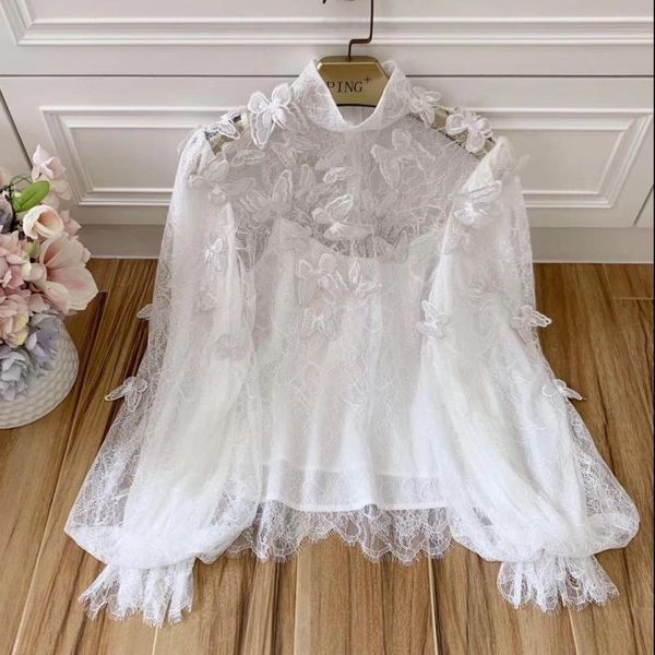 

red roosarosee designer autumn women elegant white lace shirt stand collar embroidery applique long lantern sleeve blouse top