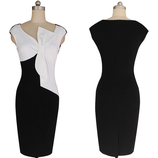 

женщины элегантного sexy v-образный вырез рябить bow sleevesless партия работа монтажна stretch тонкого покачивания карандаша bodycon офис л, White;black