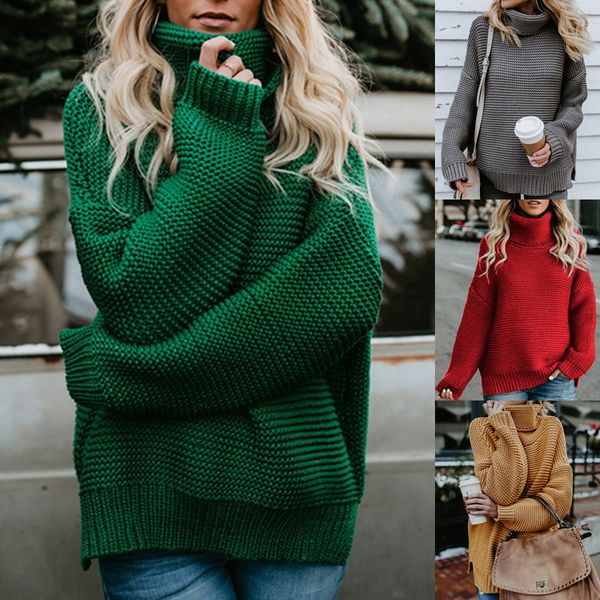 Günlük Uzun Kollu JumperTurtleneck Chunky Örme Kazak Süveter Jumper Tops Isınma kadın Triko Boyut (S-XL)