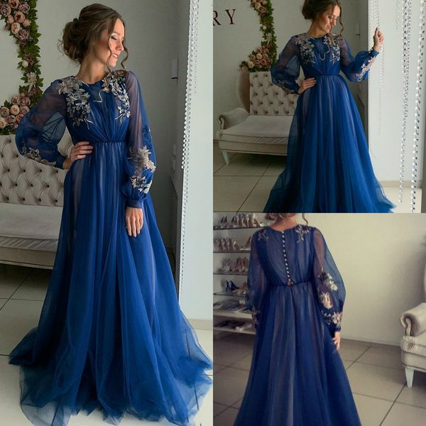 Abiti da ballo blu a maniche lunghe Abiti da sera da cerimonia formale con applicazioni in pizzo Abiti da sera arabi Plus Size Abito per occasioni speciali