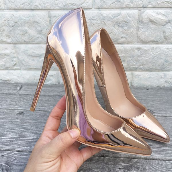 

fashion women pumps casual designer rose gold patent leather shiny point toe high heels shoes party, Black