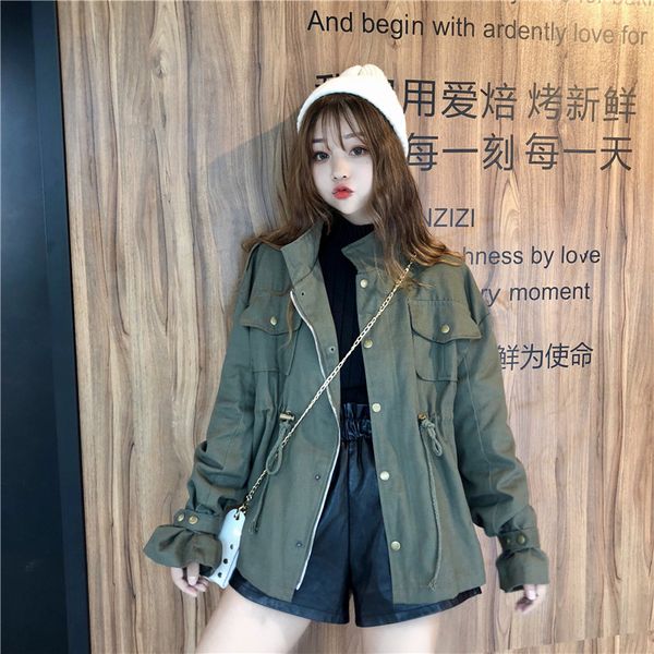 

women's autumn new retro fashion stand collar cargo coats design waist loose hong kong wind long sleeve jacket students ml056, Black;brown