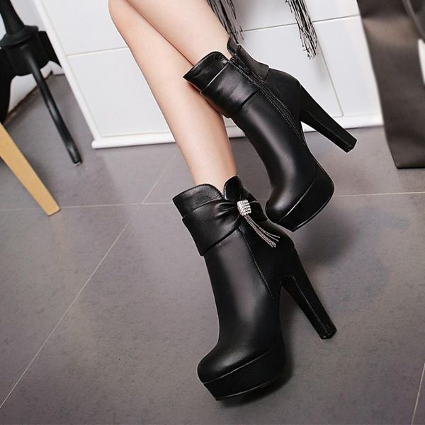 

karin large size 44 elegant 2020 wholesale women shoes woman bow platform chains high heels zip up ankle boots female, Black
