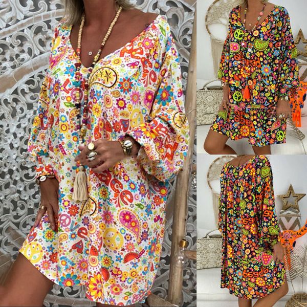 

women's dresses vintage floral print deep v neck dresses damen boho hippie blumen strand kaftan freizeit hemd, Black;gray