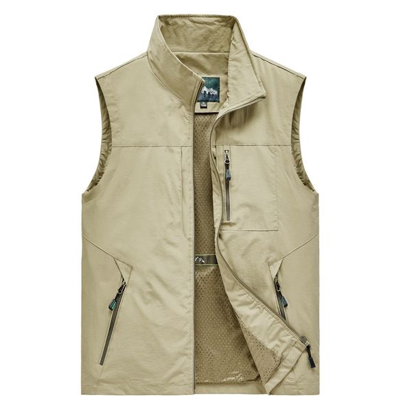 

new leisure men's plus size multi-pocket quick dry zipper vest stand collar pgraphy fishing mountaineering hiking waistcoat, Gray;blue