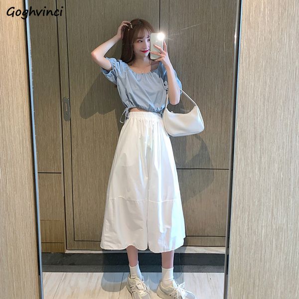 

sets women solid drawstring pleated puff sleeve elastic waist mid-calf sweet girls female casual elegant loose simple trendy new, Gray