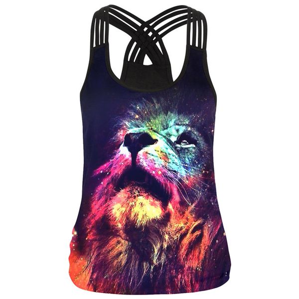 

summer women sport vest lion printed femme yoga shirt slim running vest fitness t-shirt cross strip tank gym workout blouse, White;red
