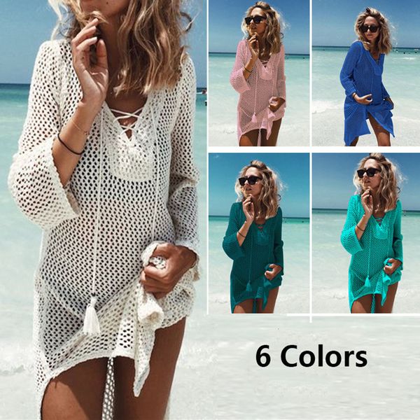 

women's swimming suit 2020 summer mesh hollow out crochet dress bathing suit cover ups beach dresses tunics wrap skirt, White