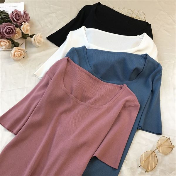 

summer 2020 slim ice silk t- female silk u-neck solid color tight knit base shirt round collar short sleeve shirt thin, White