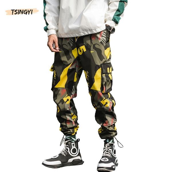 

tsingyi camouflage cargo pants men streetwear ankle-length pattern joggers loose lightweight red blue yellow camo pencil pants, Black