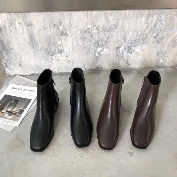 

autumn and winter korean short boots women's simple square head thick heel nude boots knight women's, Black