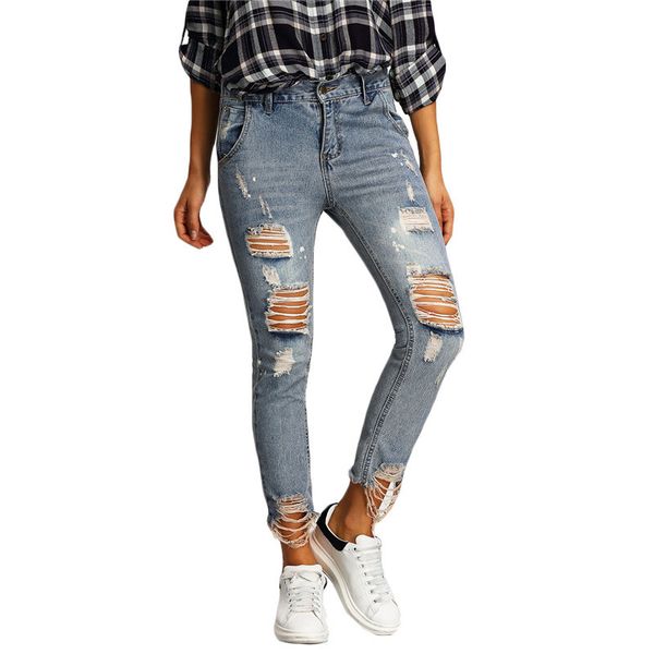 

spring 2018 distressed women jeans 2018 high waist bleached denim pants vintage street wear, Blue