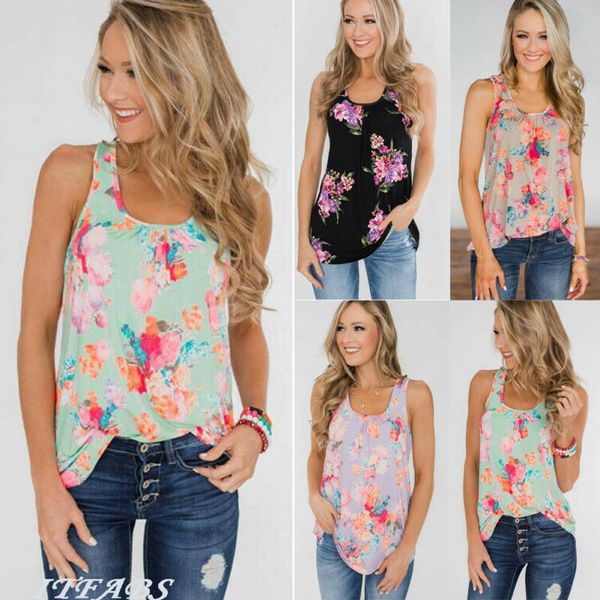 

womens ladies sleeveless vest tank summer floral blouse plus size tee shirt, White