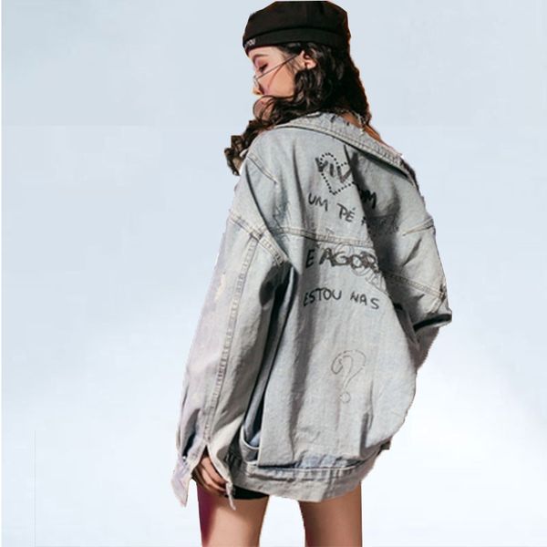 

2019 spring autumn coat woman retro letter print with drill heavy work loose cowboy coat student female denim jacket jeans, Black;brown