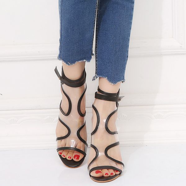 

xingdeng women thin heels transparent ankle strap high heels shoes ladies party office stilettos shoes size big 34-41, Black;white